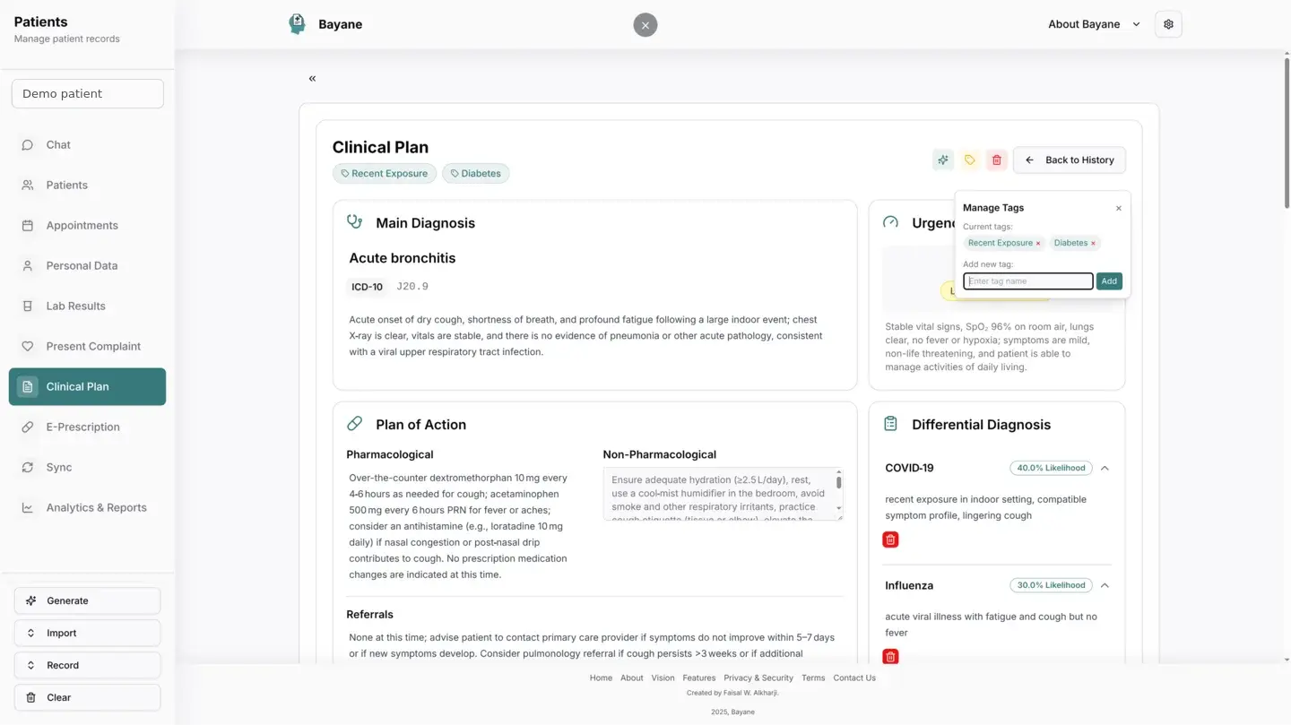 Bayane clinical plan workspace showing a structured diagnosis, plan of action, differential diagnosis, and editable tags.