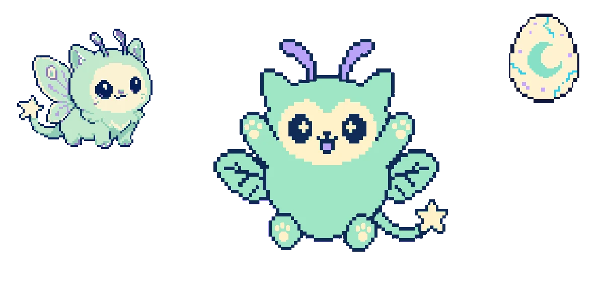Three transparent pixel-art states from a consistent Hatch pet: idle, cheering, and egg.