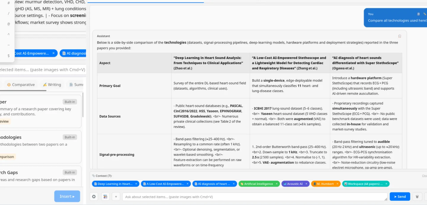 SeerAI inside Zotero comparing methods and evidence across selected research papers.